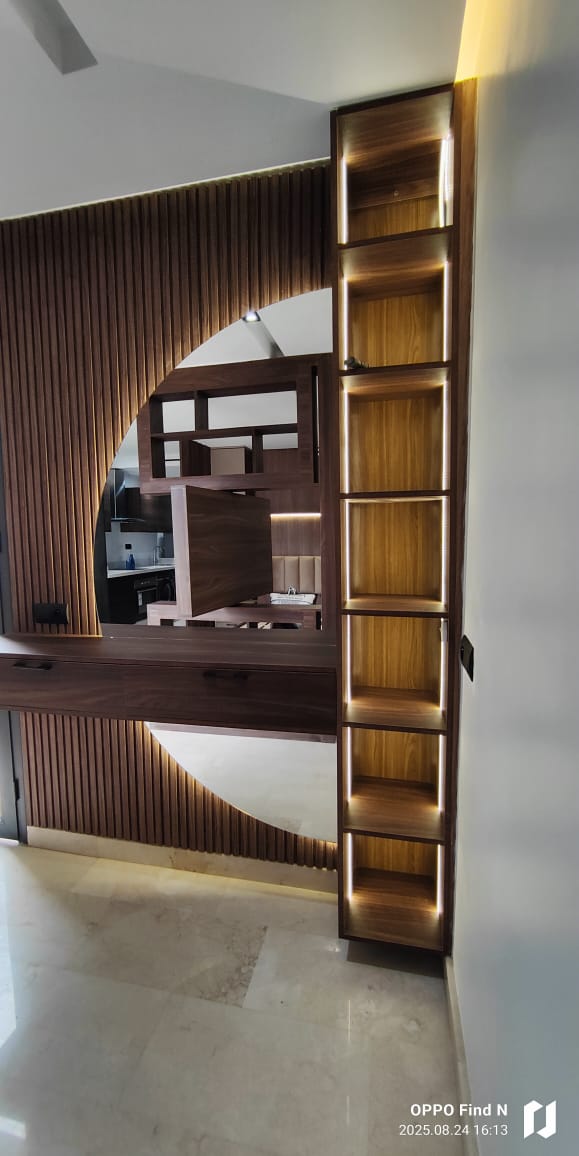 Console d'entrée en bois sur mesure avec miroir, réalisée par RSS Studio